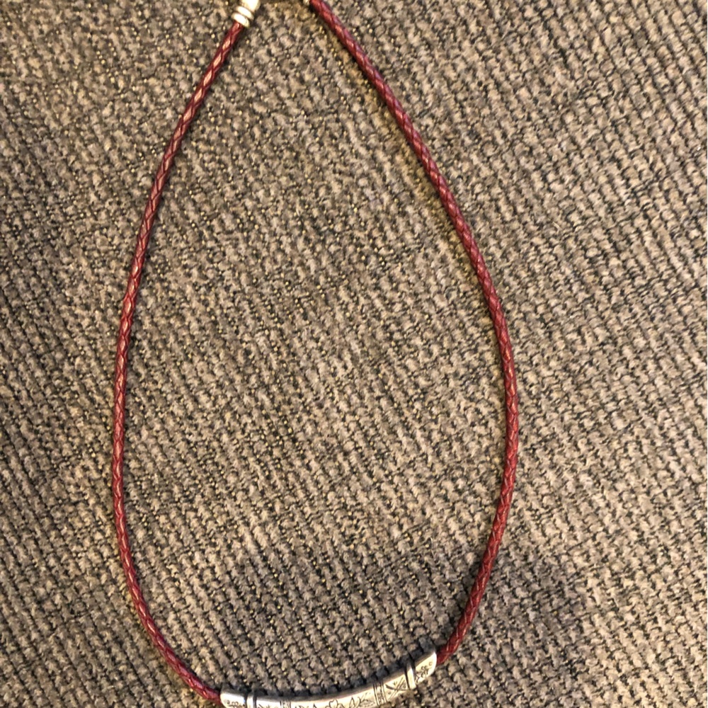 BRIGHTON  Braided Red Leather Stamped Floral Design Metal Necklace & bracelet